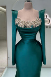 Designer Long Dark Green Beading Pearls Mermaid Prom Evening Dresses with Long Sleeves